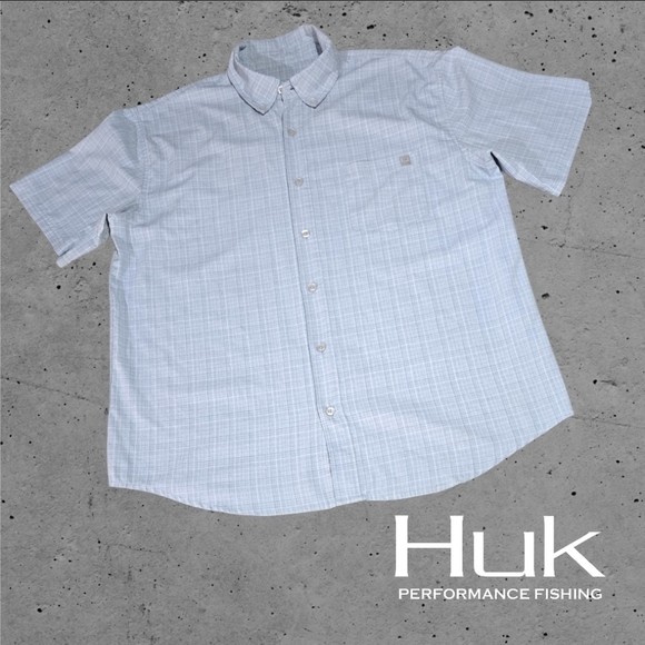 Huk Men’s S/s Cross Dye Teaser Shirt Air Hole Vented Back Blue Check Plaid L - Picture 1 of 7